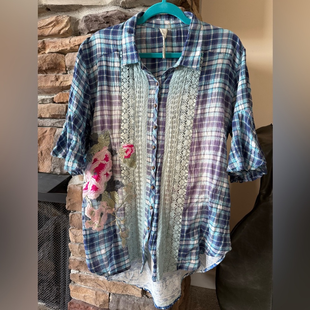 Aratta Blue Plaid Kids Shirt with Floral and Lace Accents